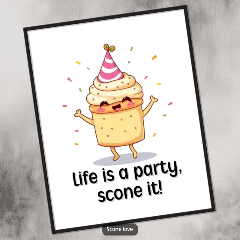 Funny Free Printable Wall Art: A scone with a party hat dances with confetti, bringing downloadable joy and humor to any room.