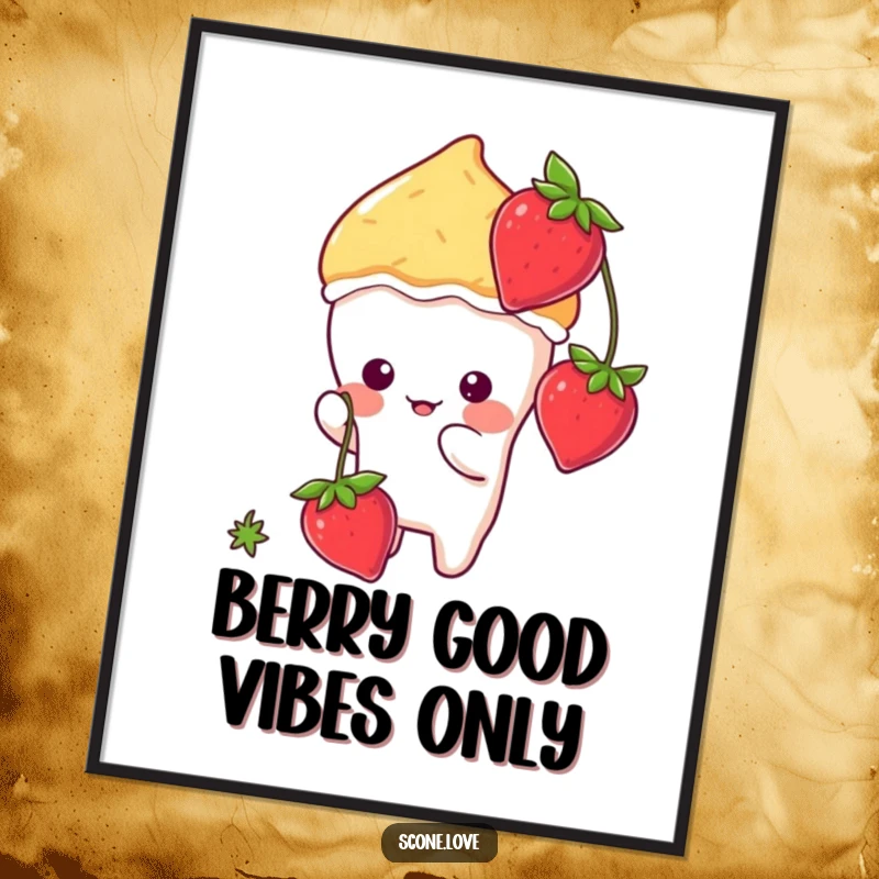 Funny Free Printable Wall Art: Kawaii Scone Whimsically Batting at a Strawberry