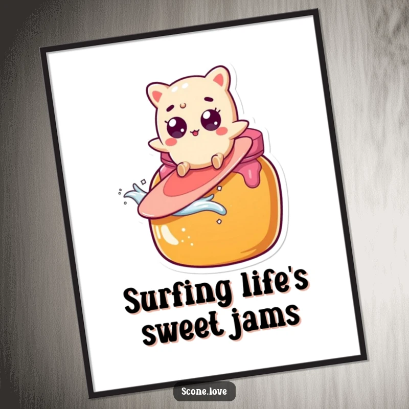 Funny Free Printable Wall Art: A scone character with wide, surprised eyes surfs unexpectedly on a giant jam jar, creating a comical scene.
