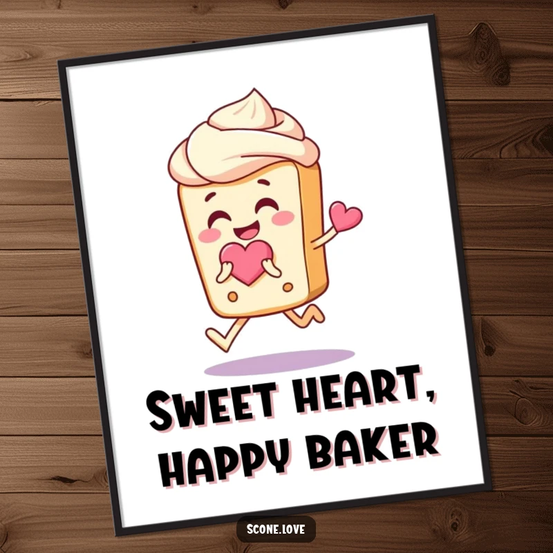 Funny free printable wall art: a smiling scone with frosting hair skipping joyfully, holding a heart, spreading happiness.