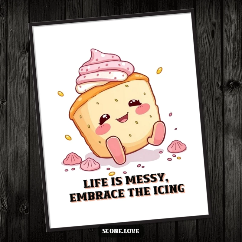 Funny Free Printable Wall Art depicting a scone comically tripping over its own feet, sending icing flying in a messy, amusing way.