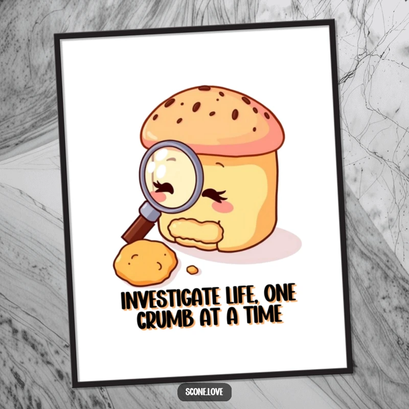 Funny Free Printable Wall Art featuring a scone with a magnifying glass, investigating a tiny crumb with intense focus and humor.