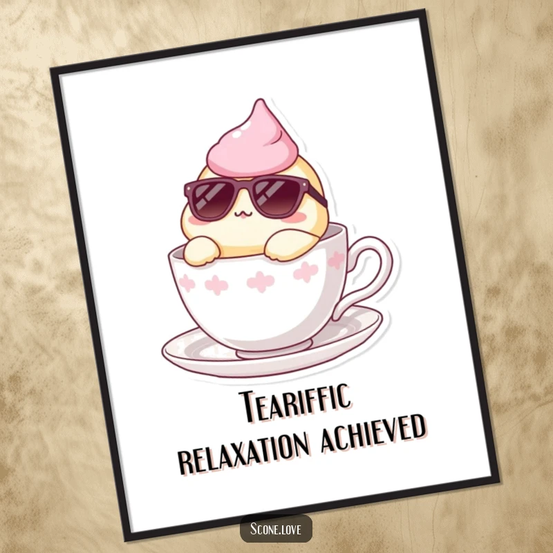 Funny Free Printable Wall Art: Scone wearing sunglasses, lounging stylishly in a teacup, exuding ultimate relaxation, downloadable art.