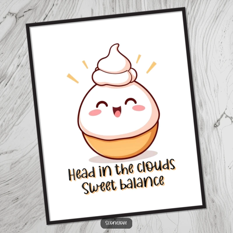 Funny Free Printable Wall Art of a round baked good with excited swirls balancing a dollop of whipped cream on its head.