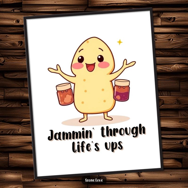 Funny Free Printable Wall Art: Scone skillfully juggling miniature jam jars, showcasing a delightful and quirky talent, perfect for download.