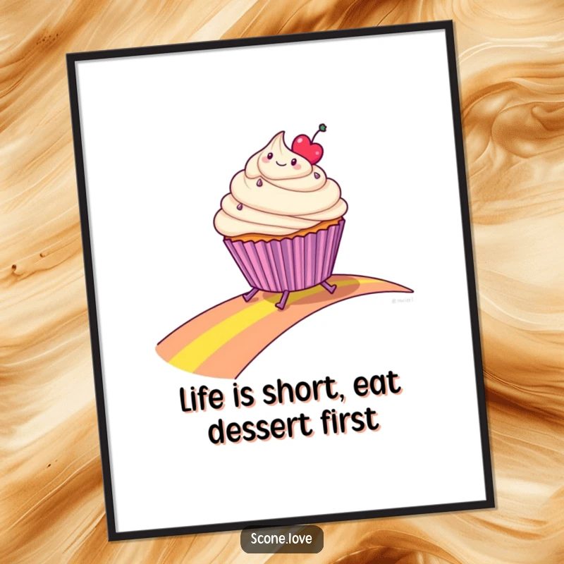 Funny Free Printable Wall Art: A cheerful cupcake with legs joyfully slides down a colorful rainbow path.