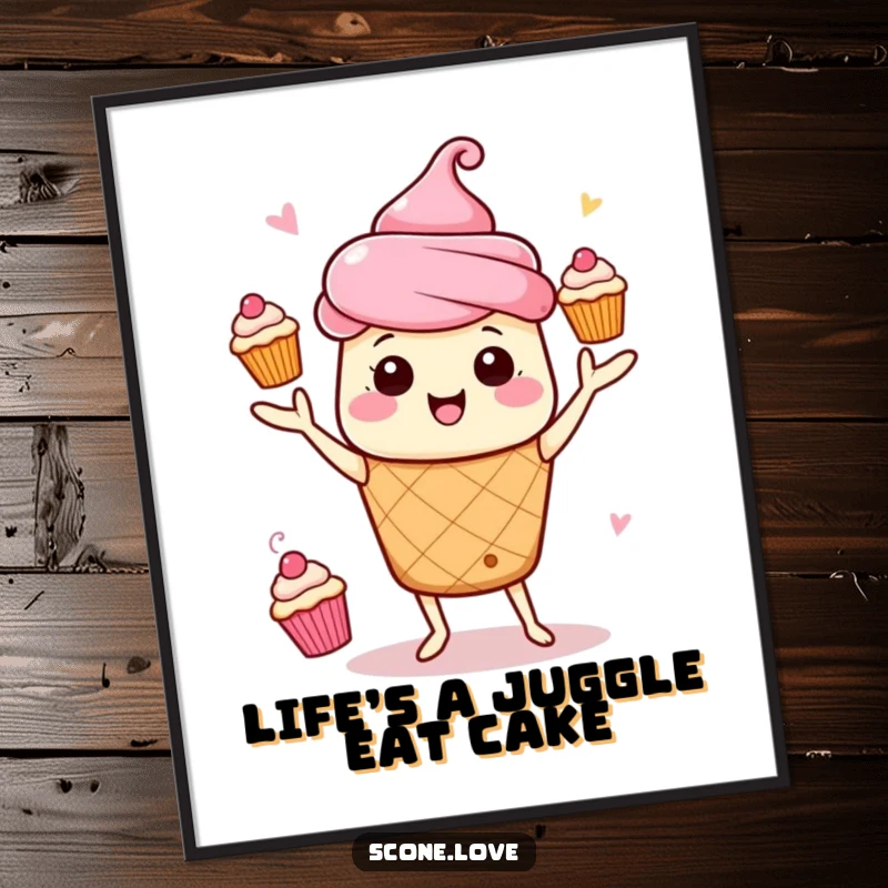 Funny free printable wall art of a kawaii scone energetically juggling multiple mini cupcakes. A vibrant and humorous downloadable art piece.