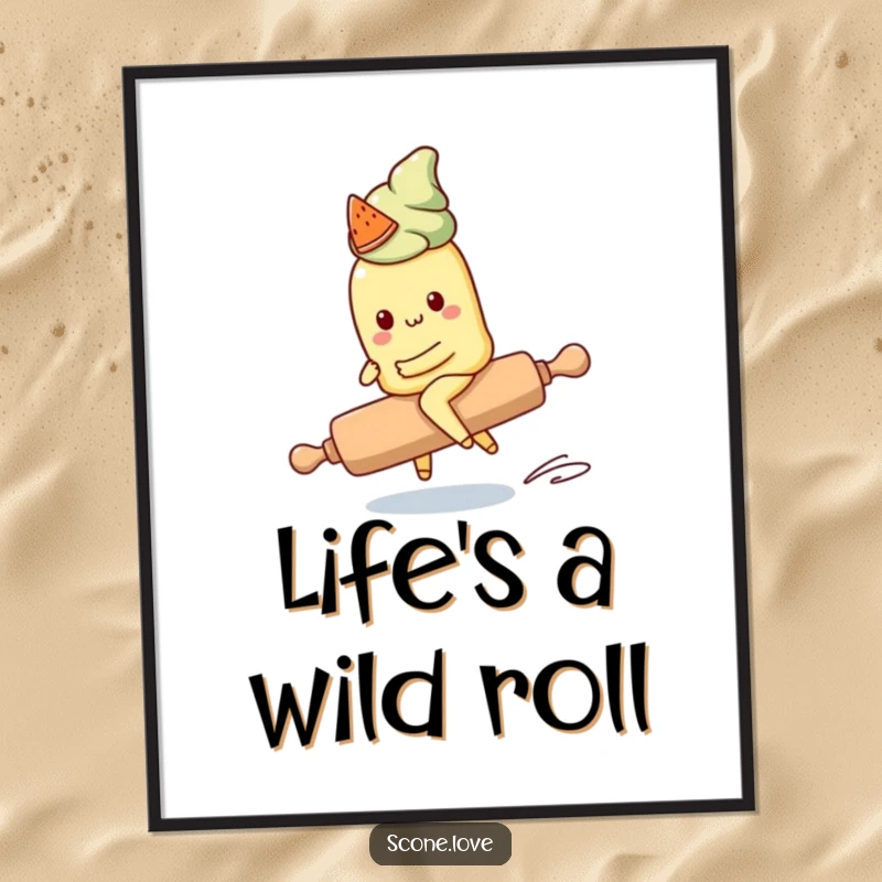 Funny Free Printable Kawaii Scone Wall Art: A cute scone character comically attempts to ride a runaway rolling pin, full of chaotic energy.