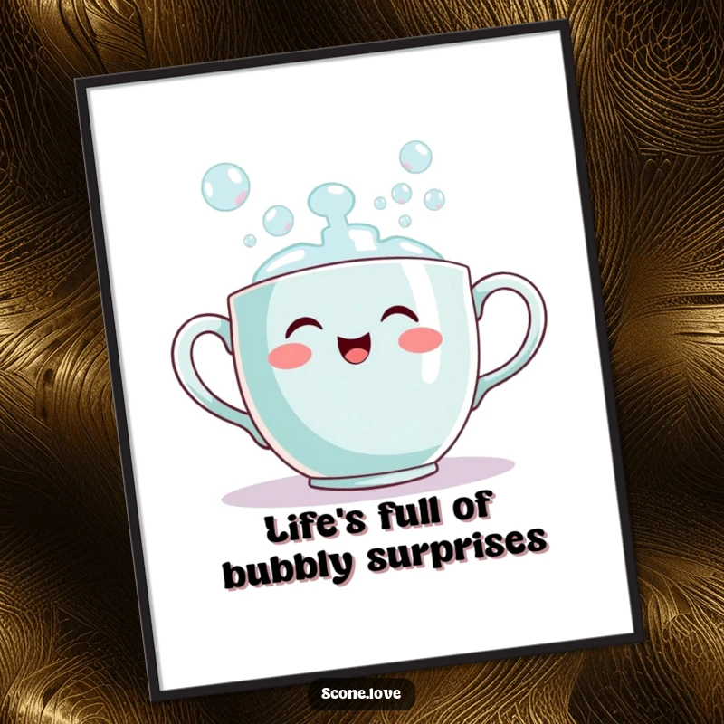 Funny Free Printable Wall Art: A smiling teacup energetically pours out a profusion of iridescent bubbles, creating a playful and cheerful scene.