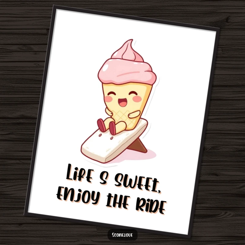 Funny Free Printable Wall Art: Joyful kawaii scone giggling its way down a luscious whipped cream slide.