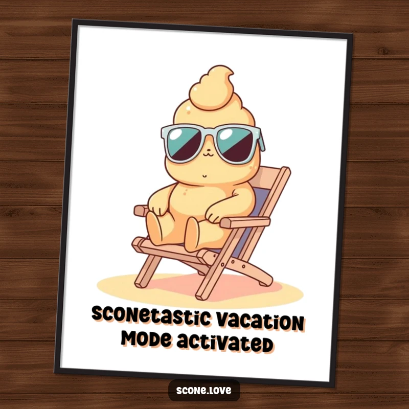 Funny Free Printable Wall Art: A scone wearing sunglasses lounges on a tiny beach chair, exuding ultimate relaxation and humor.