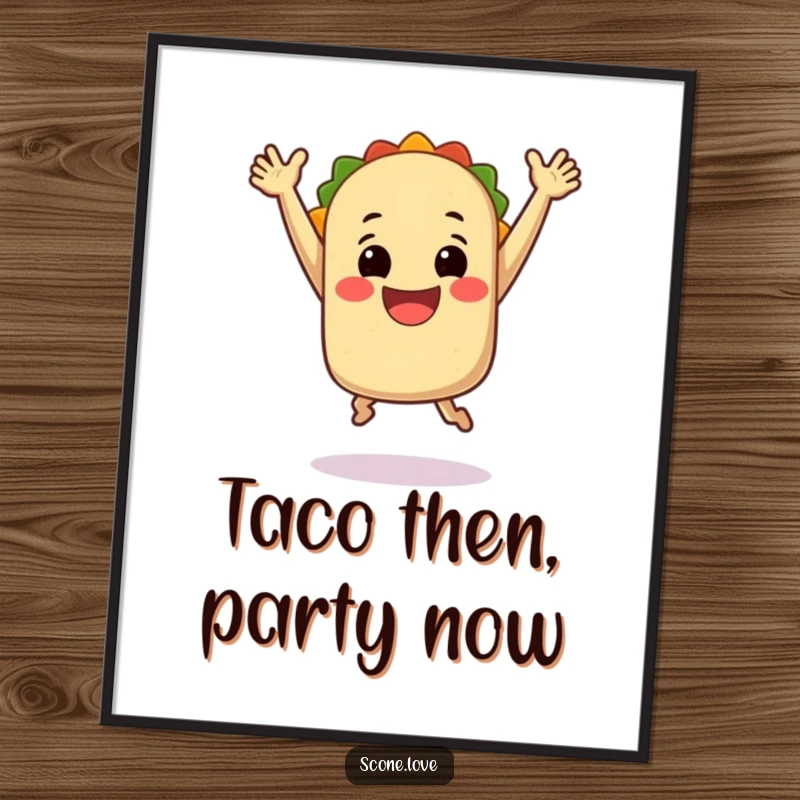 Funny free printable wall art of a smiling taco character doing an energetic, joyful jump with its arms enthusiastically raised.