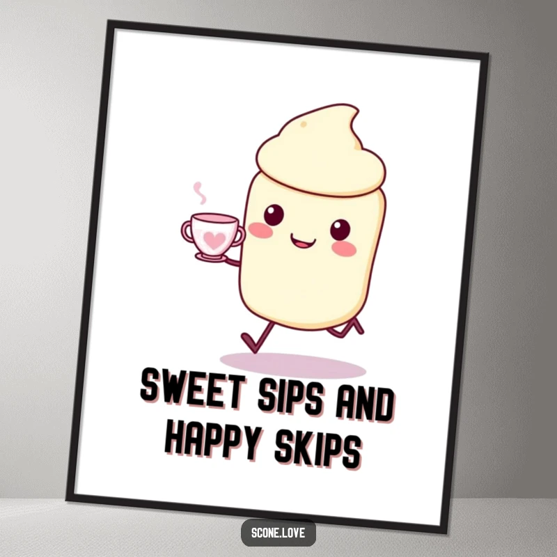 Funny Free Printable Wall Art: A kawaii scone character joyfully skipping with a teacup, bringing whimsy and sweetness to any space.