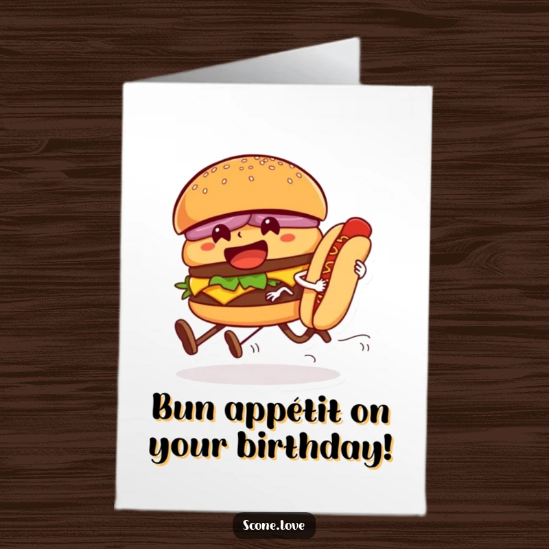 Funny Free Printable Birthday Card: Hamburger with legs races a hot dog, showing determination and speed for a hilarious celebration.