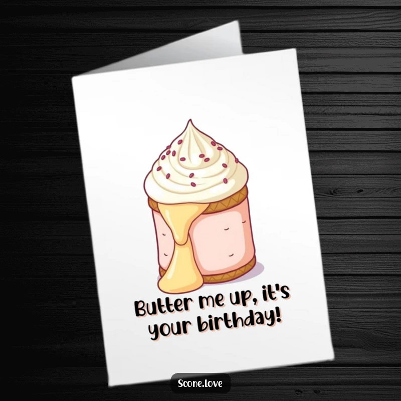 Funny Free Printable Birthday Card: Scone dramatically slides down a pat of butter, looking comically surprised, perfect for easy DIY.