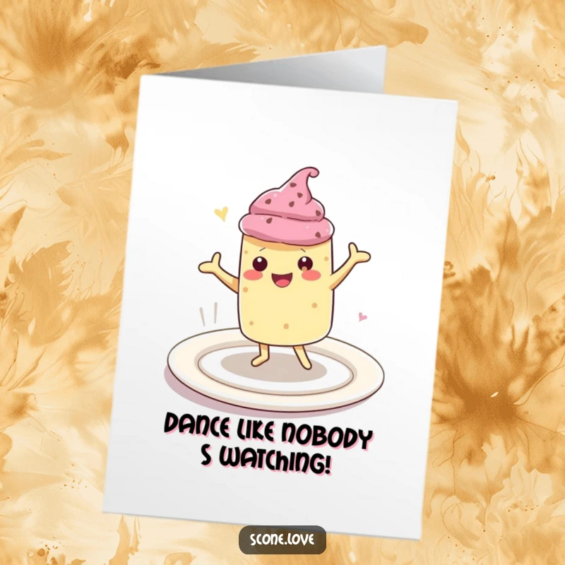 Funny Free Printable Birthday Card: Energetic kawaii scone doing a joyful dance on a large white plate.