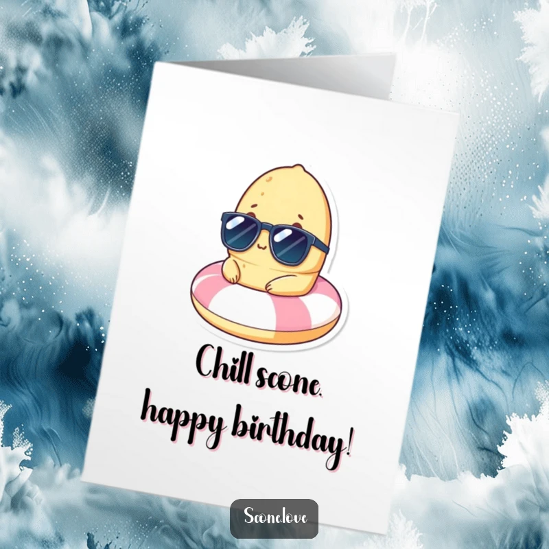 Funny Free Printable Birthday Card: A scone in sunglasses relaxes on a tiny beach float, a cool downloadable birthday wish.