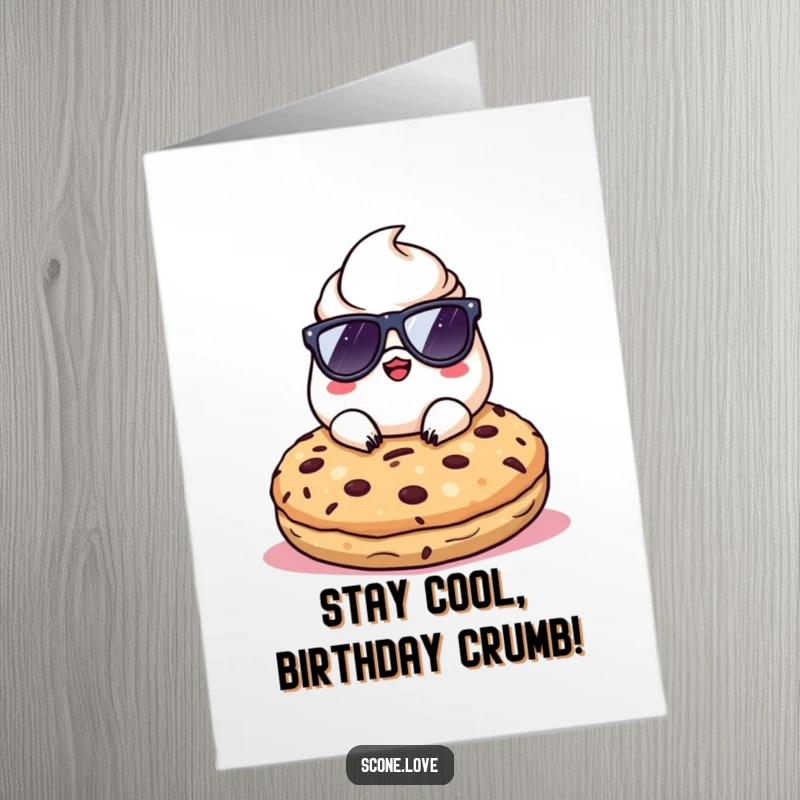 Funny Free Printable Birthday Card: Kawaii scone wearing sunglasses, looking cool and relaxed on a giant cookie.