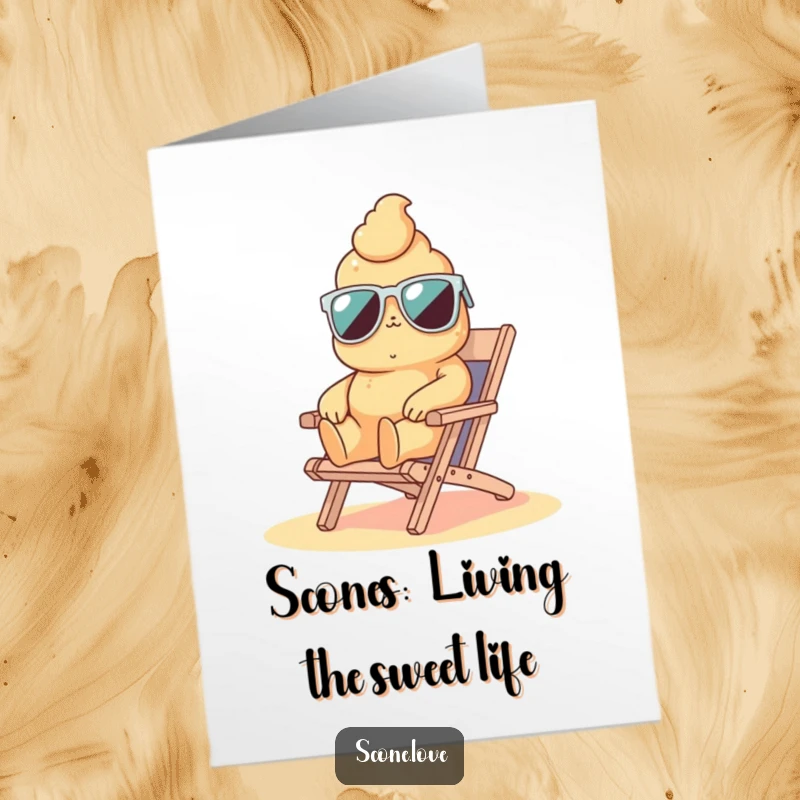 Funny Free Printable Birthday Card featuring a cool scone in sunglasses relaxing on a beach chair, ready for a birthday bash.