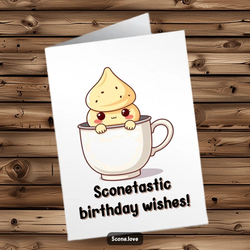 Funny free printable birthday card: A kawaii scone character peeks mischievously from a giant tea infuser.