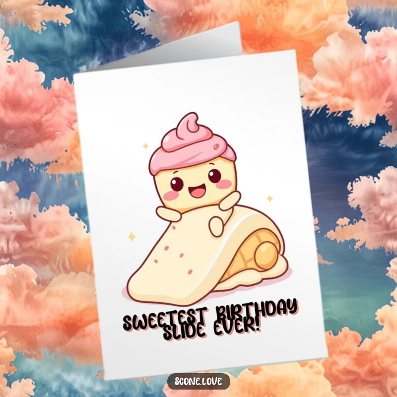 Funny Free Printable Birthday Card: Kawaii scone with a wide smile joyfully sliding down a colorful frosting slide.