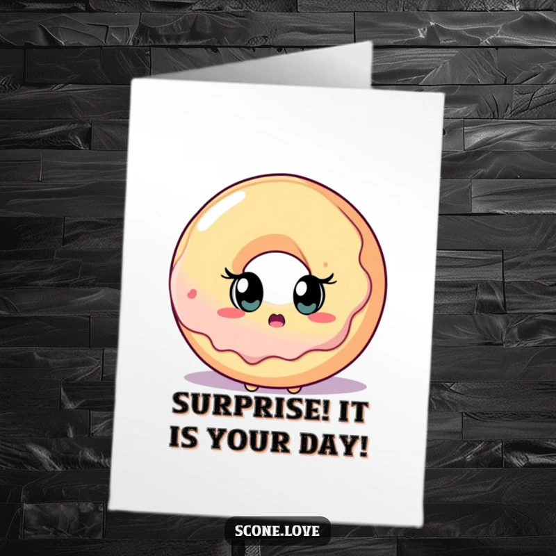 Funny Free Printable Birthday Card: Scone with surprised eyes gazes at a giant donut, a hilariously sweet downloadable treat.