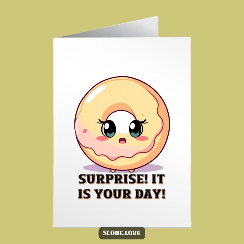 Free Printable Birthday Card: Surprised Scone Sees Giant Donut for Funny Downloadable Gift