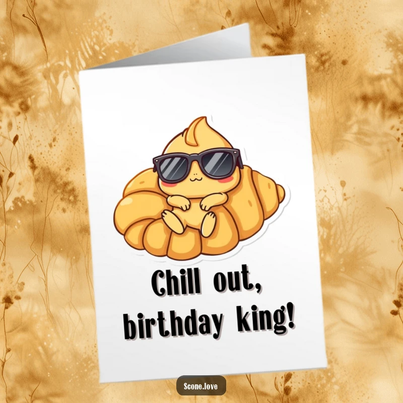 Funny Free Printable Cool Scone Birthday Card: A scone in sunglasses lounges on a giant croissant, wishing you a relaxed birthday.