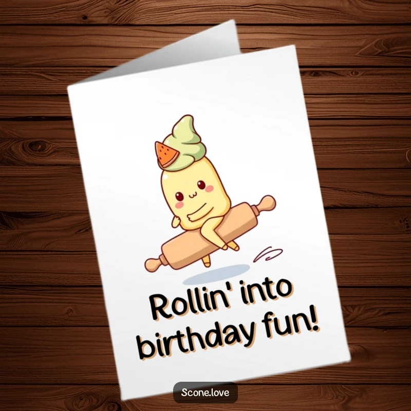 Funny Free Printable Kawaii Scone Birthday Card: A cute scone tries to ride a runaway rolling pin, a chaotic birthday wish.
