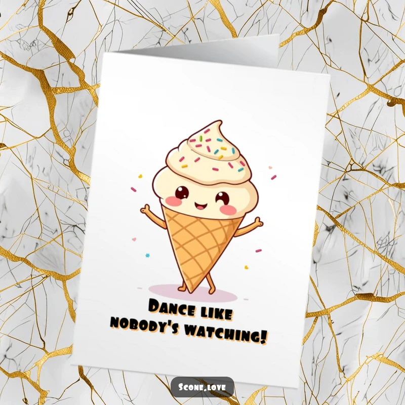 Funny free printable birthday card featuring a kawaii scone with tiny legs, happily dancing amongst colorful sprinkles. A whimsical and cheerful digital download.