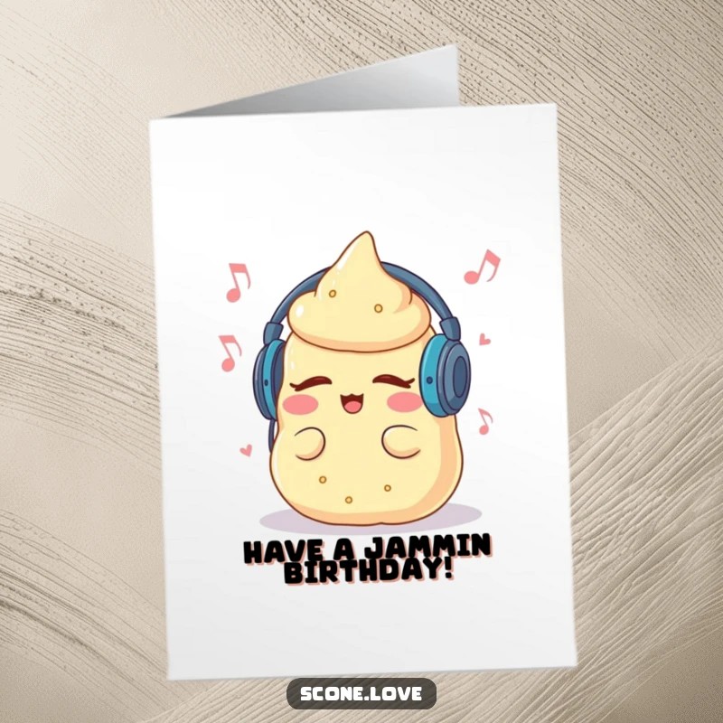 Funny Free Printable Music Scone birthday card, a scone wearing headphones, eyes closed, grooving to music.