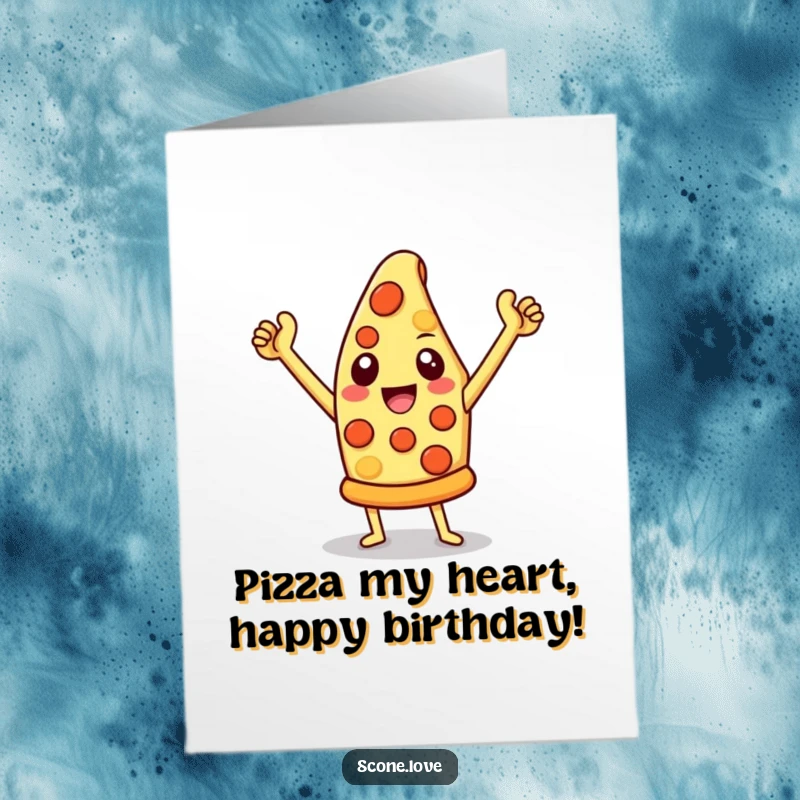 Funny Free Printable birthday card featuring a triumphant slice of pizza striking a victorious pose with confidence.