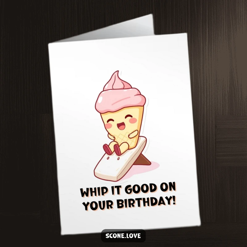 Funny Free Printable Birthday Card: Giggling kawaii scone joyfully sliding down a fluffy whipped cream slide.