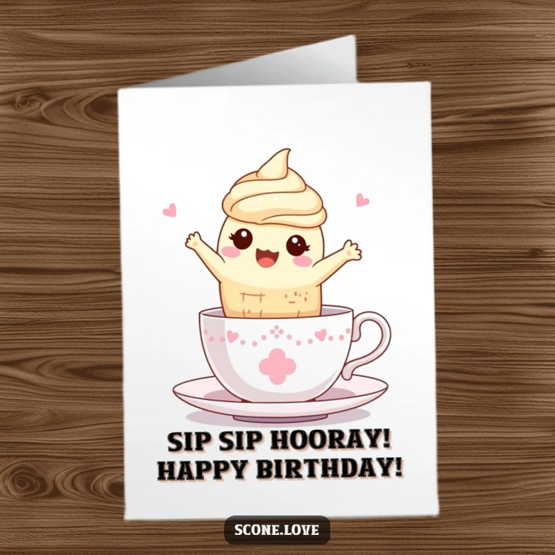 Funny free printable birthday card depicting a happy kawaii scone leaping joyfully into a china teacup. A whimsical and downloadable greeting.