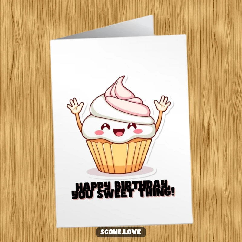 Funny free printable birthday card showing a cheerful cupcake character with arms waving enthusiastically, ready to celebrate.