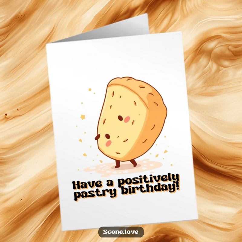 Funny Free Printable Birthday Card: Scone Performing Cartwheel, Flour Dust Trail, Baking Acrobatics Humor