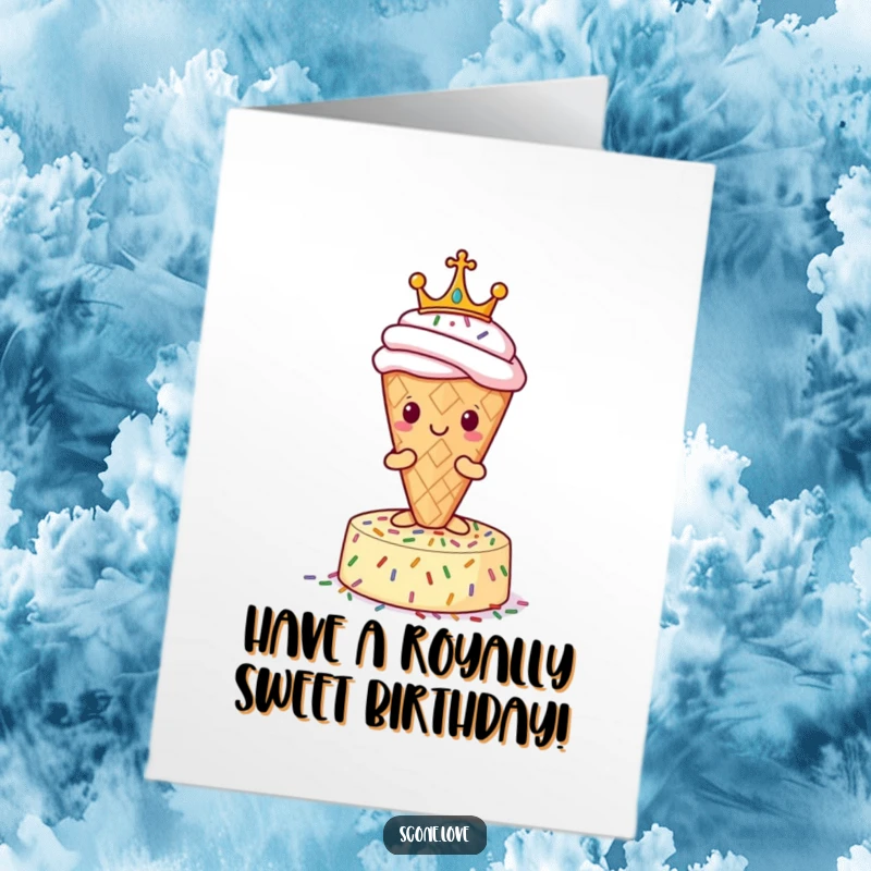 Funny Free Printable Royal Scone Birthday Card: A scone with a crown sits proudly on sprinkles.
