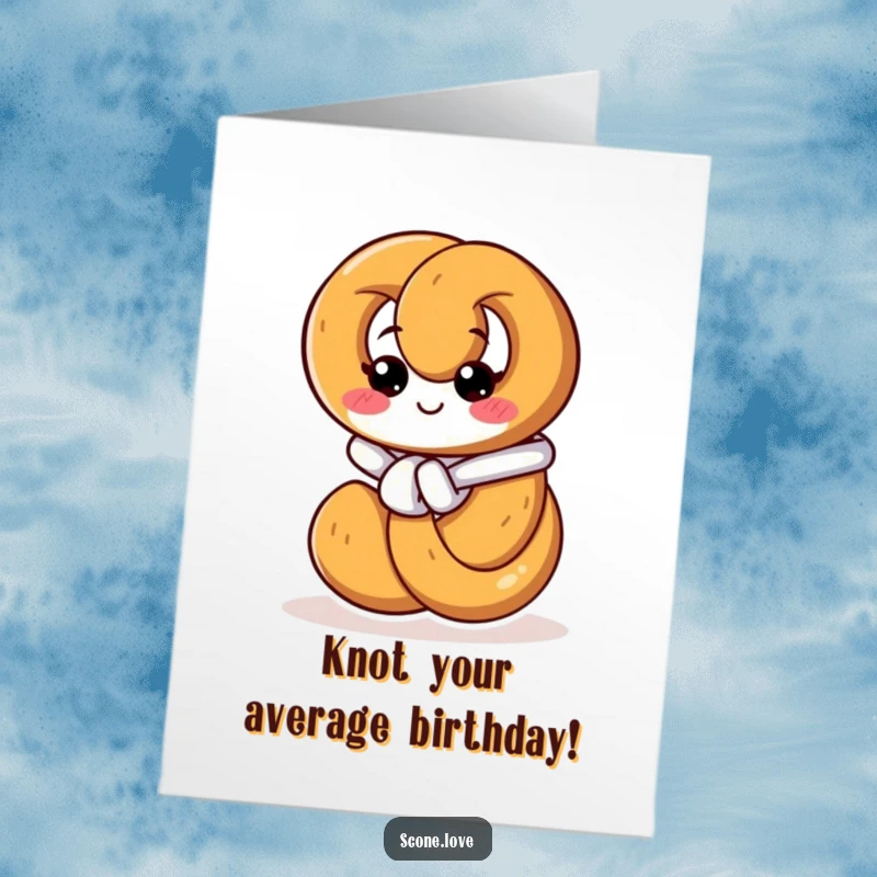Funny Free Printable Birthday Card: A smiling pretzel diligently ties its own knot with determination, celebrating a birthday with pretzel power.