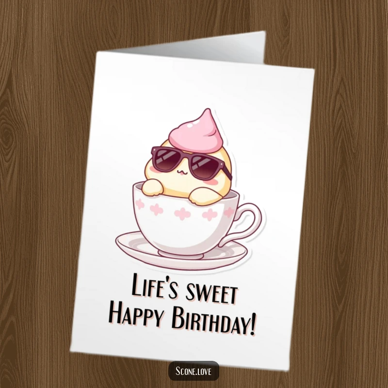 Funny Free Printable Birthday Card: Scone wearing cool sunglasses, lounging casually in a teacup, wishing a relaxed birthday, easy to print.