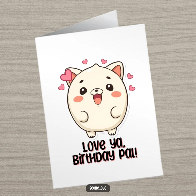 Funny Free Printable Love Scone Birthday Card: A happy scone beams surrounded by floating hearts, sending sweet birthday wishes.