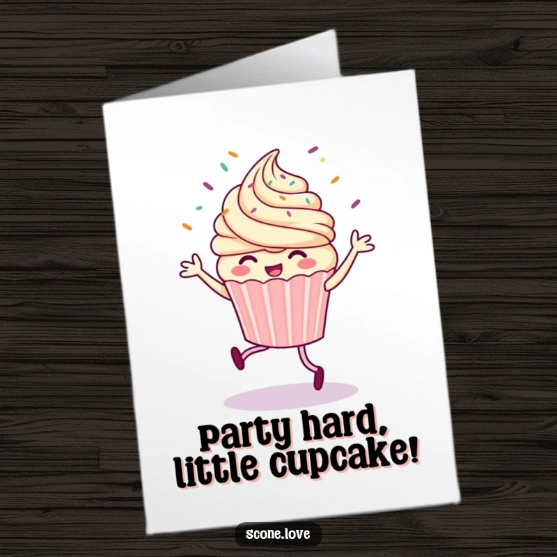 Funny Free Printable Birthday Card: A joyful cupcake doing a jig with sprinkles flying, spreading birthday cheer. Perfect DIY gift.