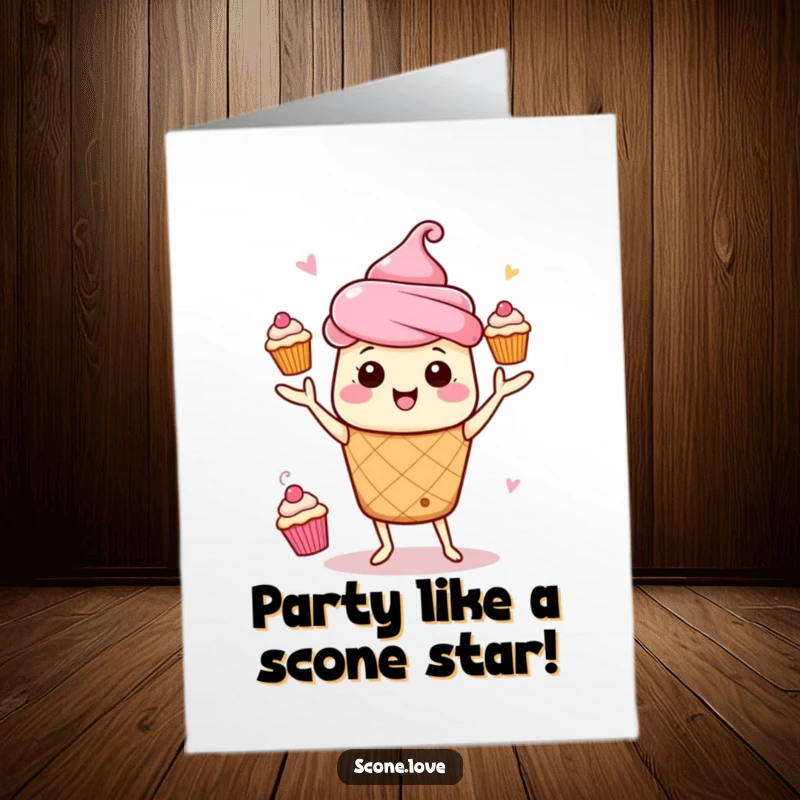 Funny free printable birthday card showing a kawaii scone energetically juggling several mini cupcakes. A dynamic and humorous downloadable greeting.