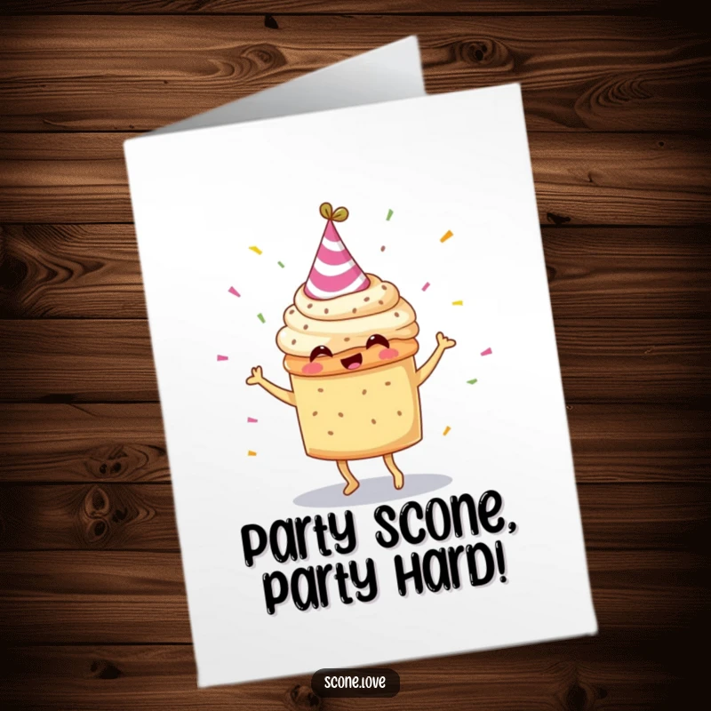 Funny Free Printable Birthday Card: A scone in a party hat dances joyfully with confetti, a delightful DIY celebration.