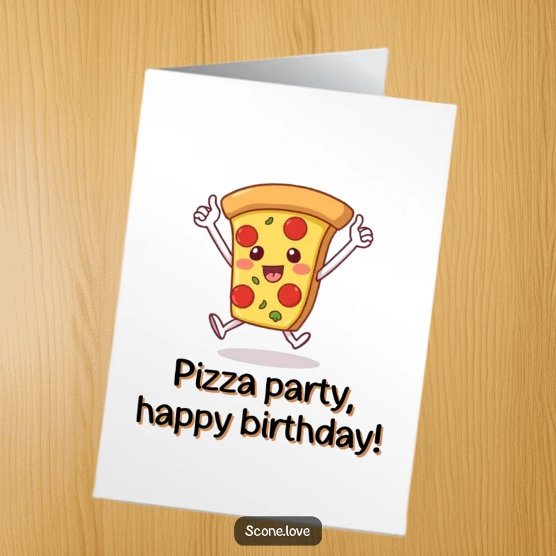 Funny Free Printable Birthday Card: A slice of pizza with arms runs a victory lap, celebrating a birthday win. Hilarious downloadable card.