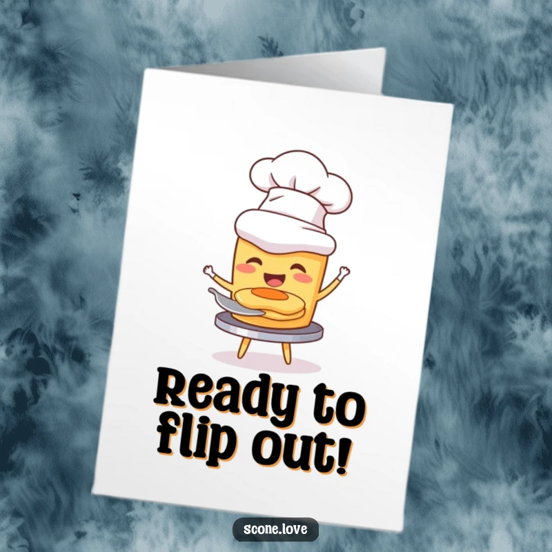 Funny Free Printable Birthday Card: A scone with a chef hat joyfully flipping a small pancake
