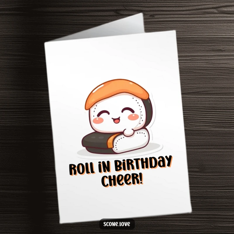 Funny Free Printable birthday card featuring a joyfully smiling sushi roll closing its eyes while rolling.