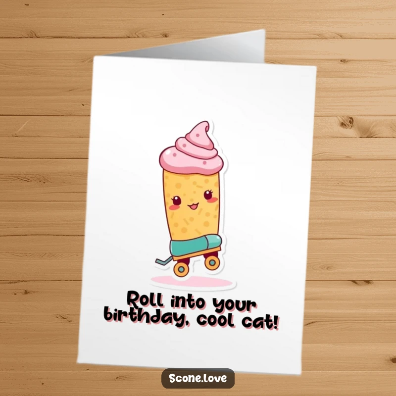 Funny Free Printable Birthday Card: Scone with One Roller Skate, Preparing Trick, Action Humor