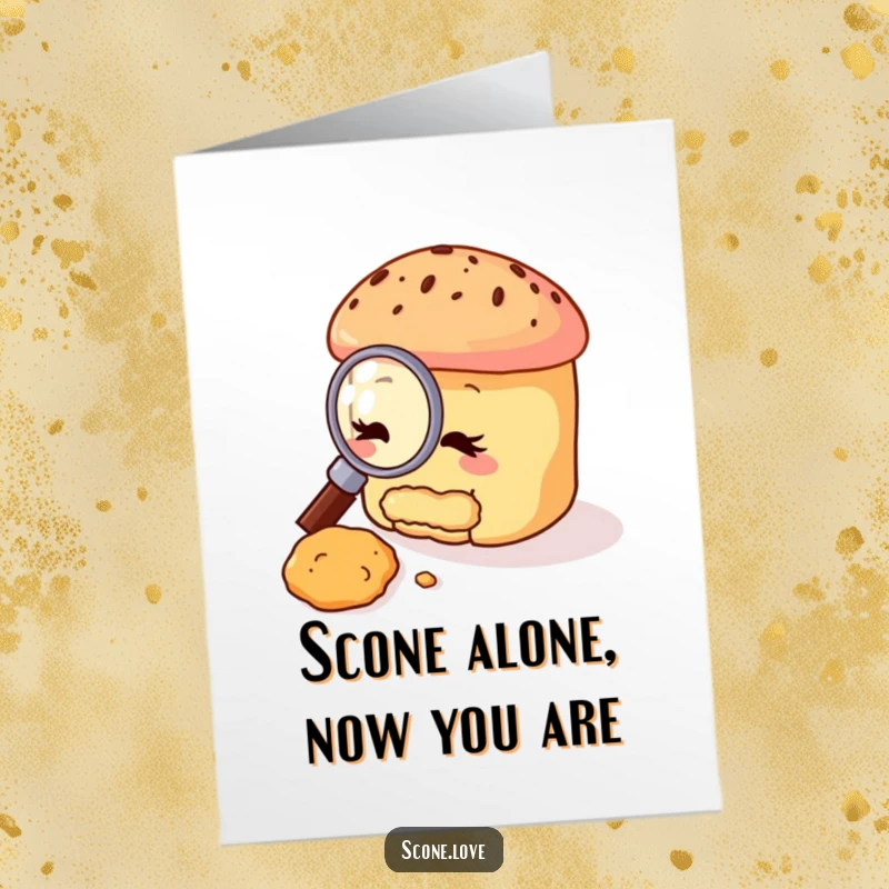 Funny Free Printable Birthday Card featuring a scone with a magnifying glass, investigating a tiny crumb with great curiosity.