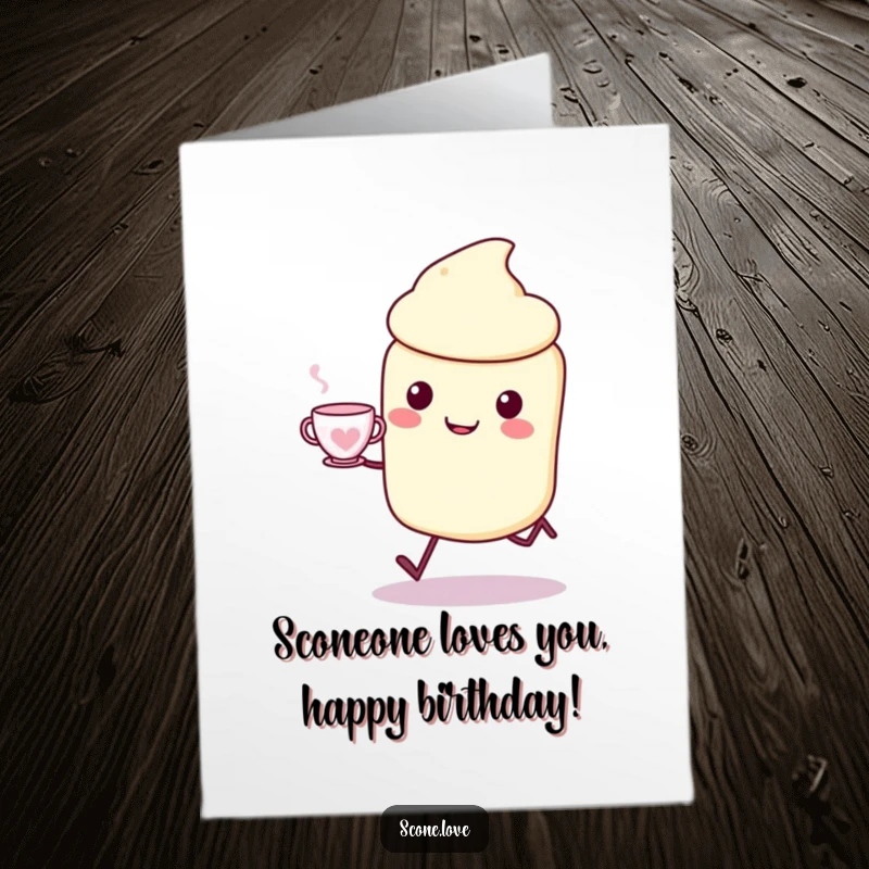Funny Free Printable Birthday Card: A kawaii scone character skipping with joy, holding a teacup, spreading birthday happiness, downloadable gift.