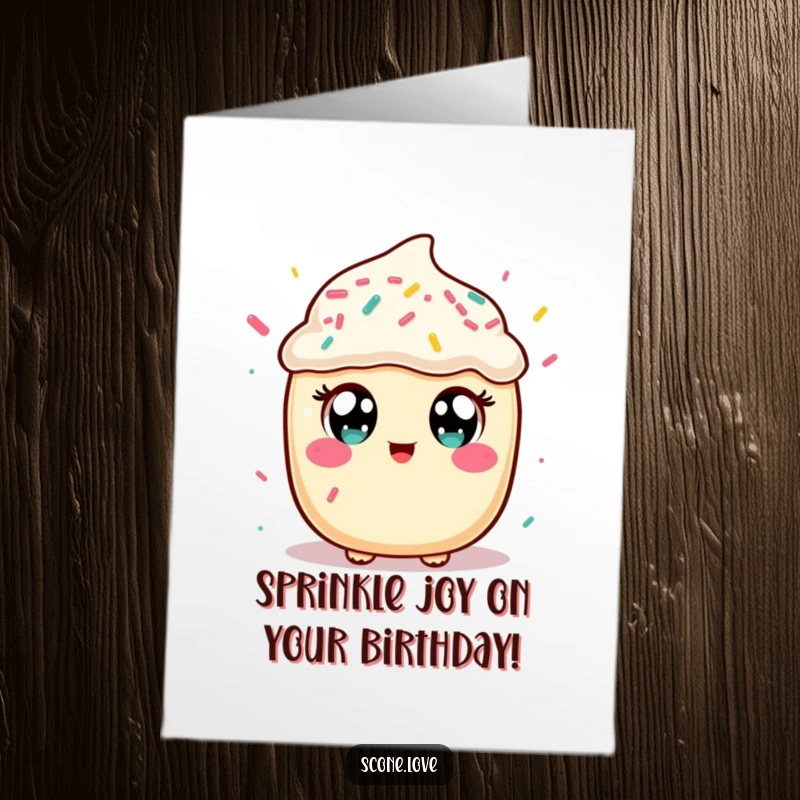 Funny Free Printable Birthday Card: Kawaii scone with huge eyes eagerly catching falling colorful sprinkles.